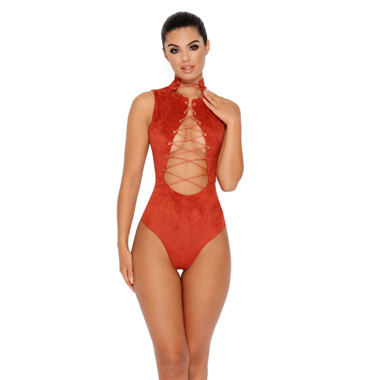 Take Centre Stage Lace Up Suede Corset Bodysuit in Burnt Orange