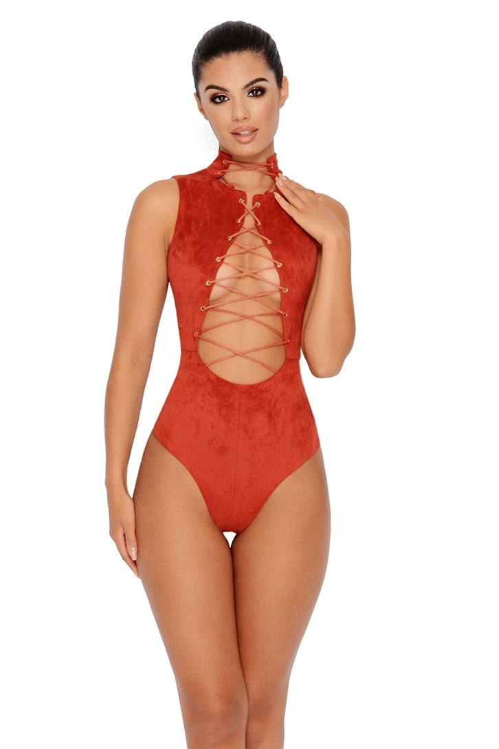 Take Centre Stage Lace Up Suede Corset Bodysuit in Burnt Orange