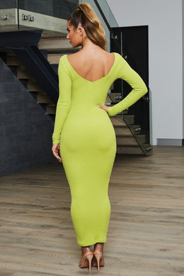Walk The Walk Long Sleeve Ribbed Midaxi Dress in Lime