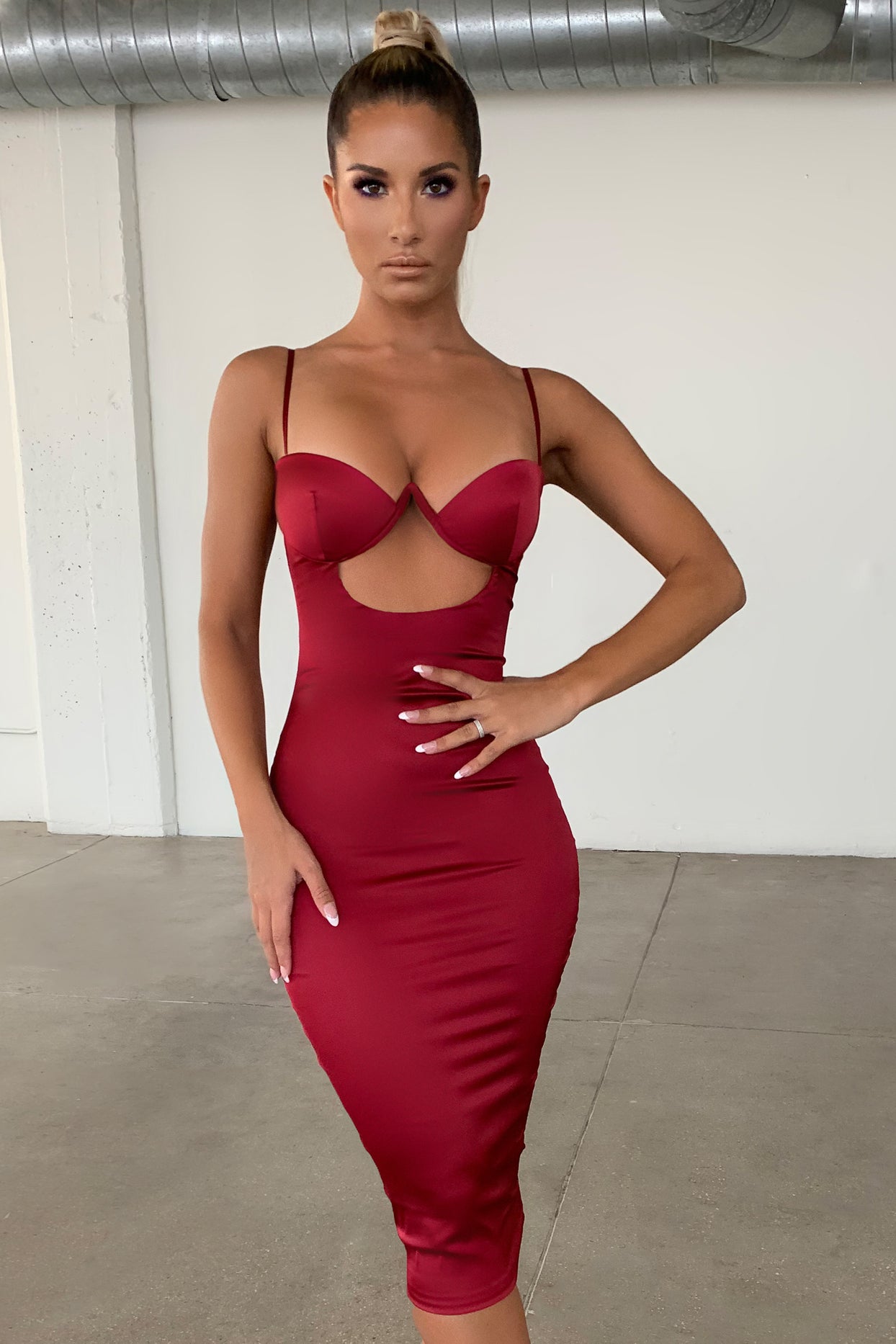 Ahead Of The Curve Satin Cut Out Midi Dress in Red