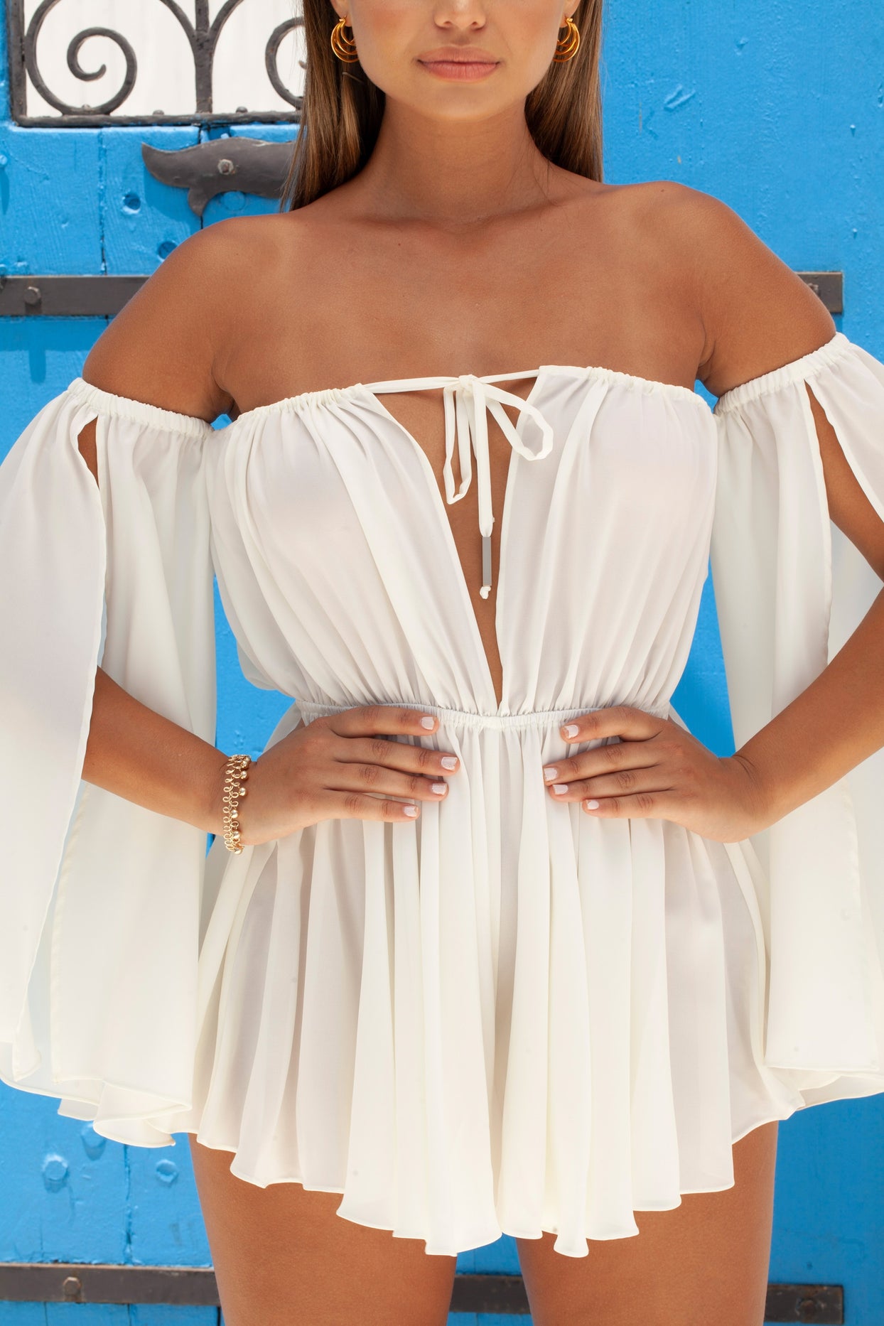 Pleat Wave Relaxed Fit Bardot Off The Shoulder Playsuit in White - 9