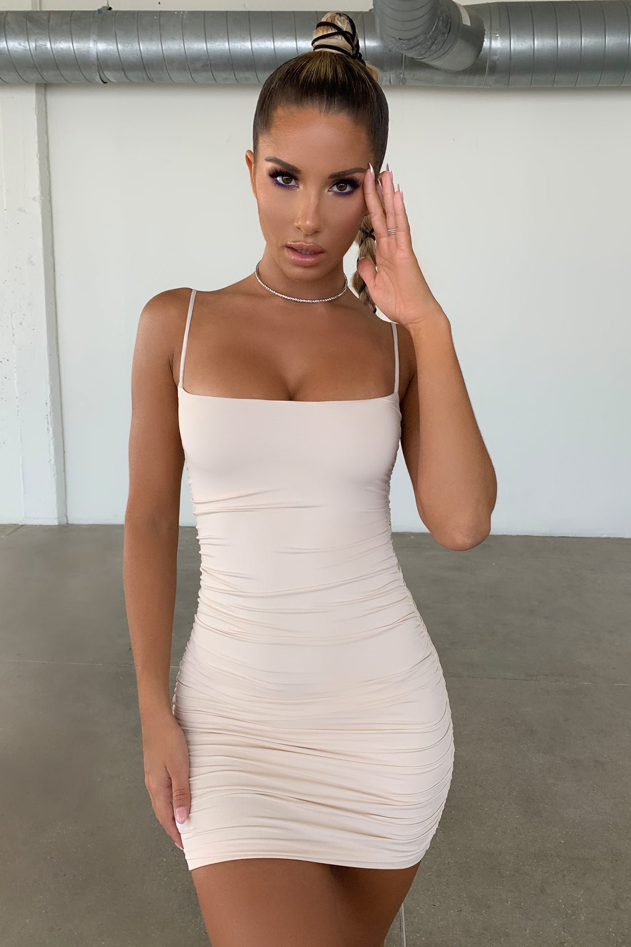 Ruched Bodycon Mini Dress in Oyster White