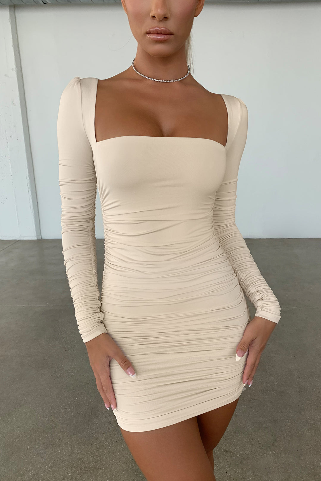 Flatter Me Long Sleeve Ruched Mini Dress in Oyster White Oh Polly