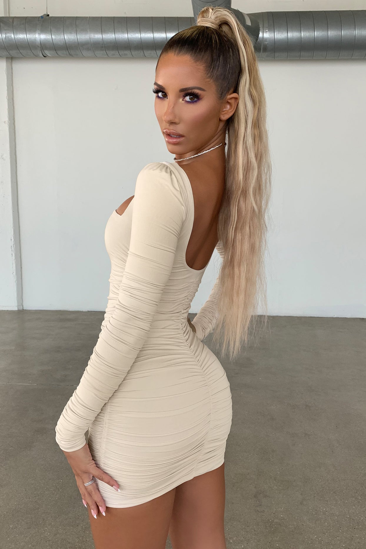 Long Sleeve Ruched Mini Dress in Oyster White - 2