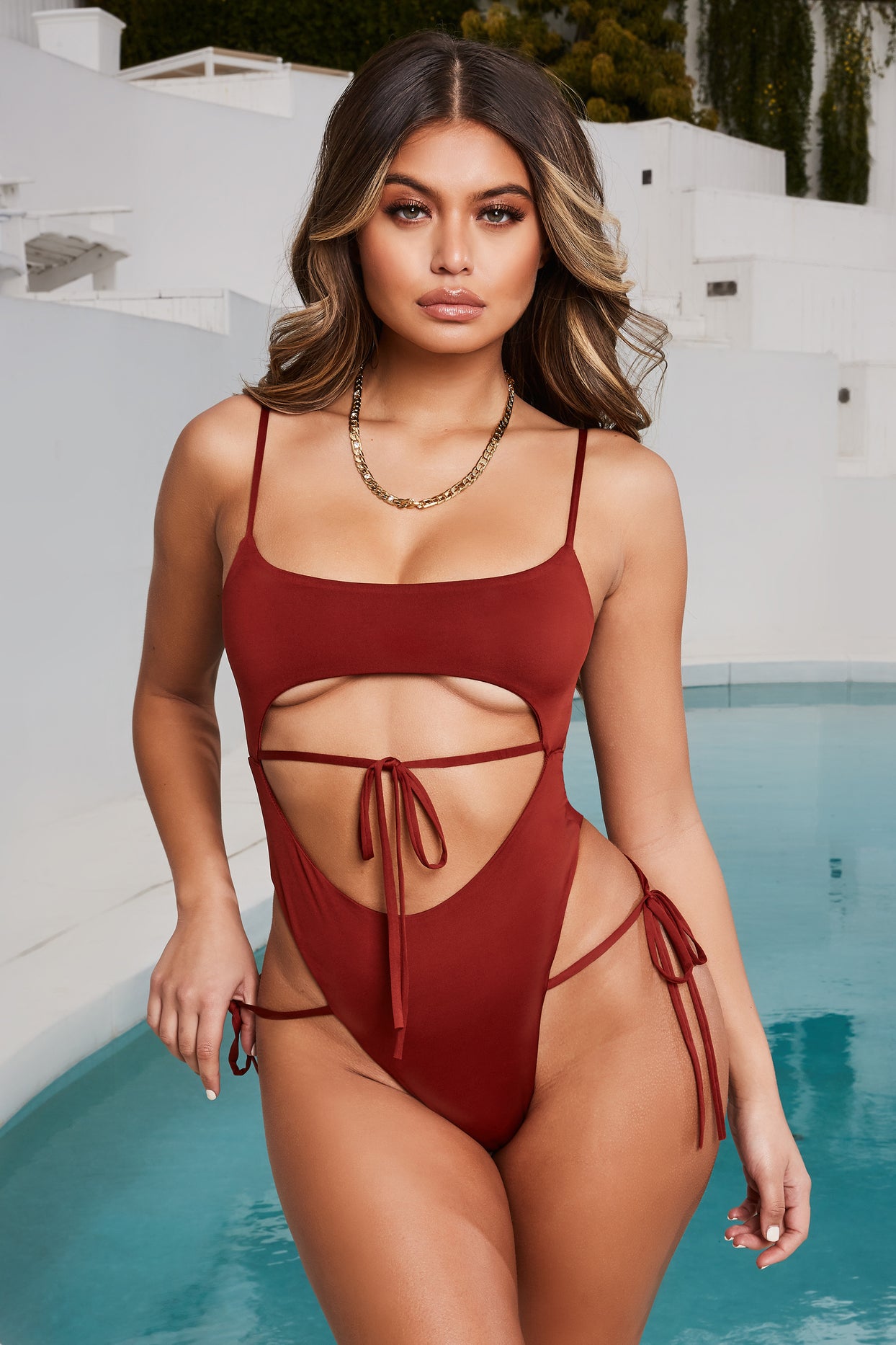 Cut All Ties Cut Out Underbust High Rise Swimsuit in Rust