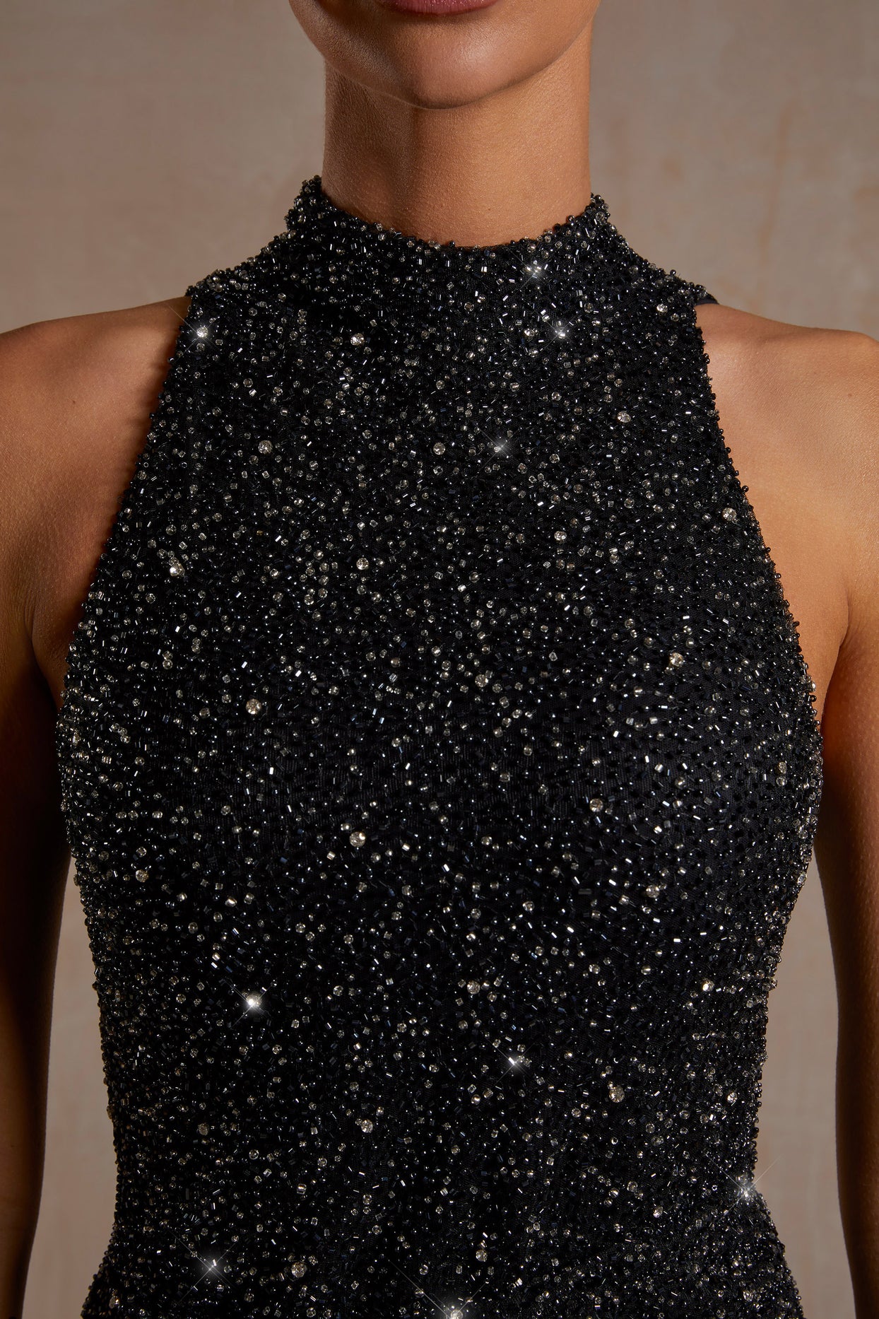 Hand Embellished Couture Halter Neck Mini Dress in Black
