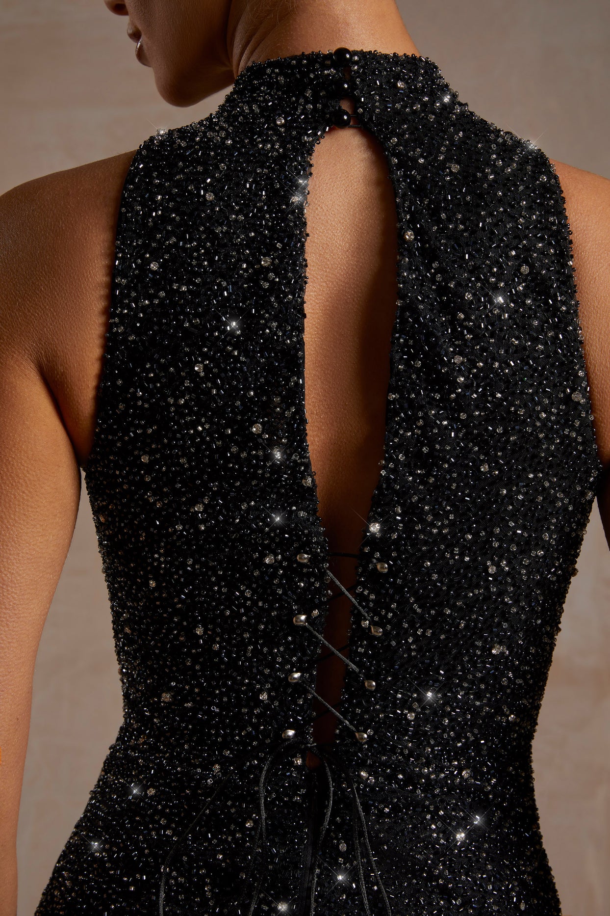 Hand Embellished Couture Halter Neck Mini Dress in Black