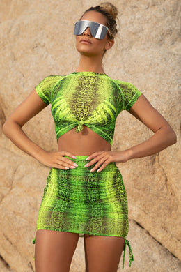 Pretty Python Snake Print Mesh Ruched Mini Skirt in Neon Green