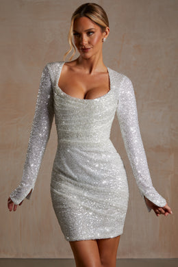 Hand Embellished Couture Draped Long Sleeve Mini Dress in White