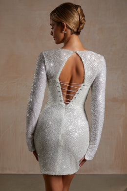 Hand Embellished Couture Draped Long Sleeve Mini Dress in White