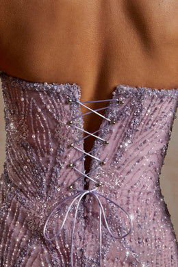 Ręcznie zdobiona sukienka mini z gorsetem bez ramiączek w kolorze liliowym