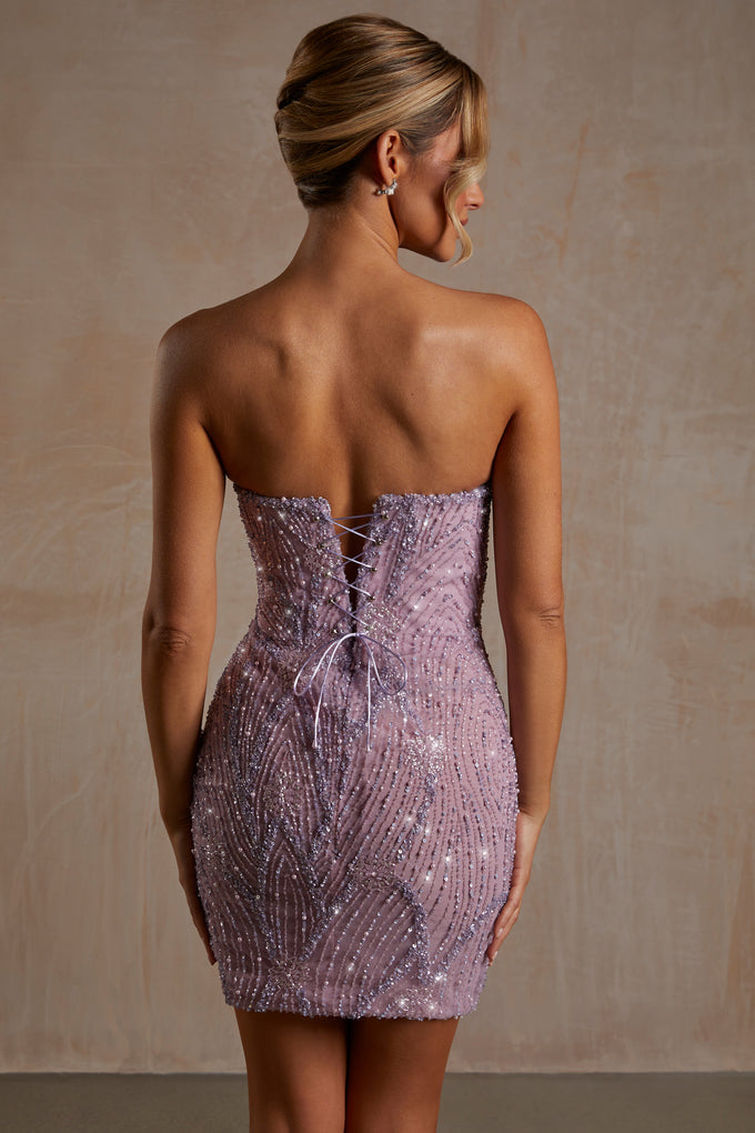 Mini-robe corset bustier couture ornée à la main en lilas