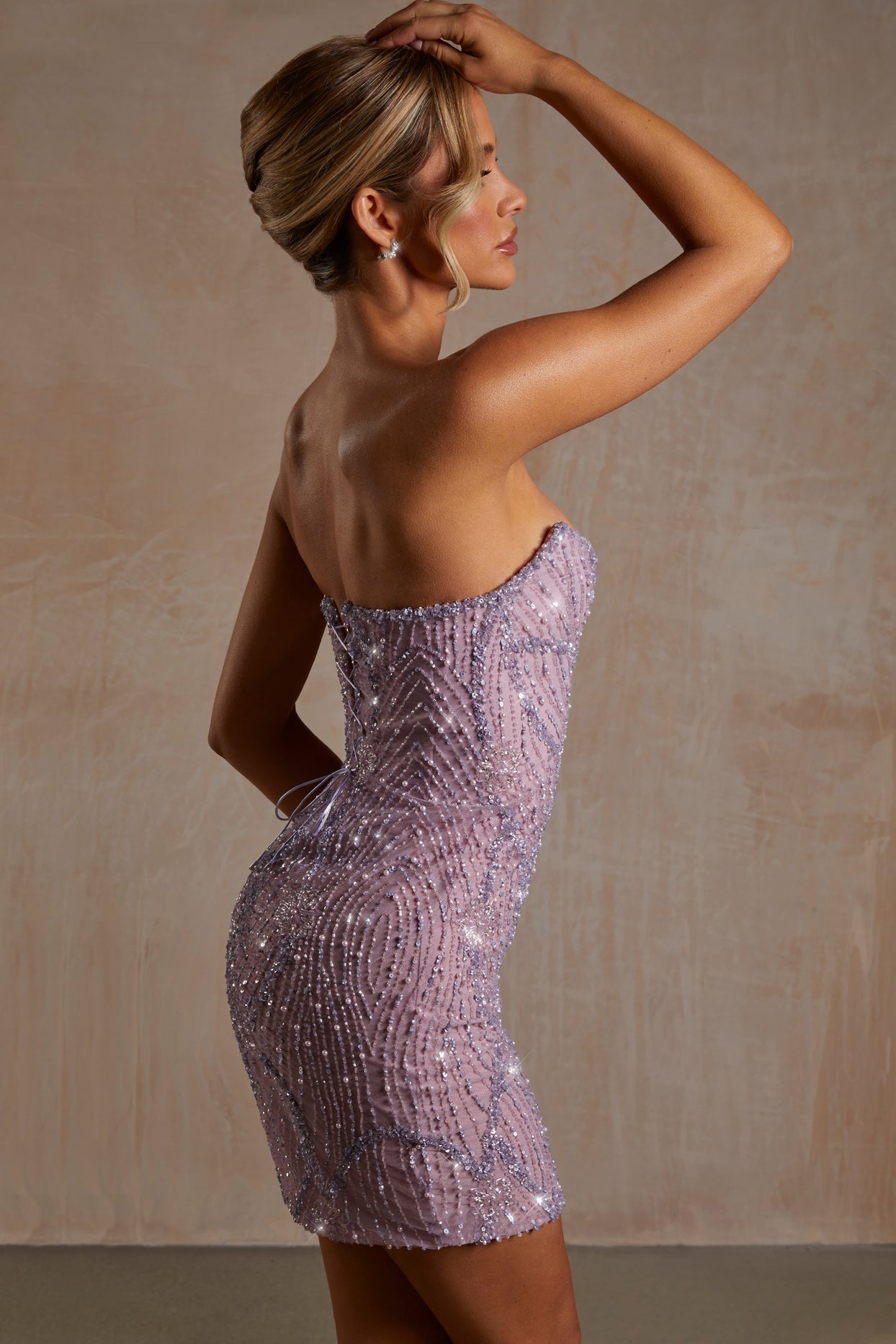 Hand Embellished Couture Strapless Corset Mini Dress in Lilac