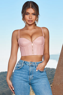 Zip Into Shape Faux Leather Underwired Bustier Crop Top in Blush