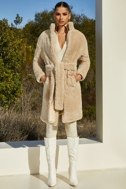 Belted Faux Fur Coat in Cream