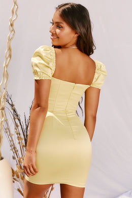 Puff Sleeve Satin Mini Dress in Lemon