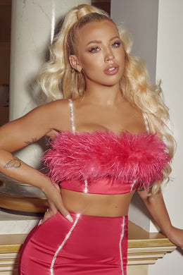 Bring The Party Embellished Satin Feather Crop Top in Hot Pink