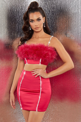 Bring The Party Embellished Satin Feather Crop Top in Hot Pink