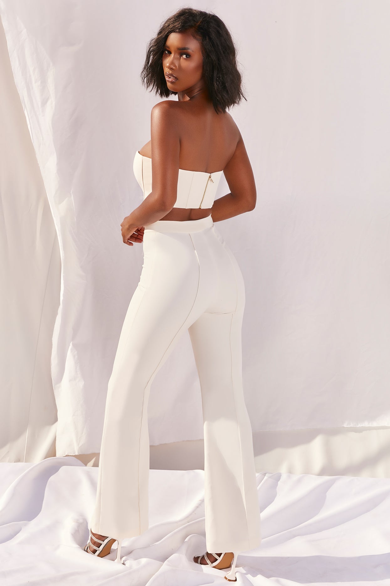Bossin' Up Petite High Waisted Tailored Flare Leg Trousers in Ivory