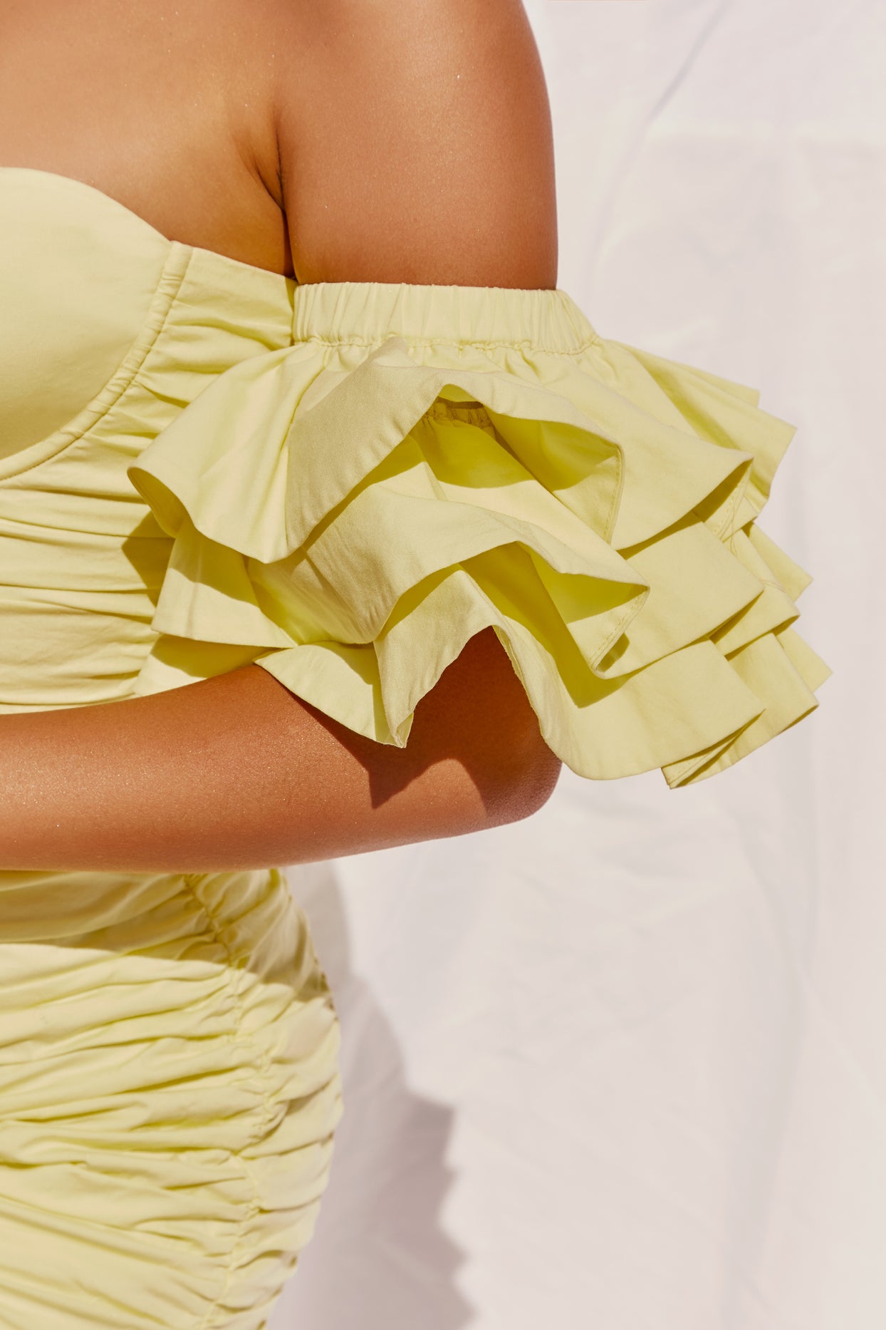Blissed Out Bardot Ruffle Sleeve Mini Dress in Lemon