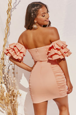 Blissed Out Bardot Ruffle Sleeve Mini Dress in Peach