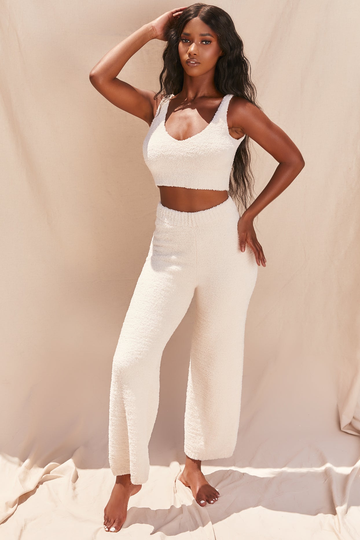 Let’s Stay In Petite Cosy Wide Leg Trousers in Ivory