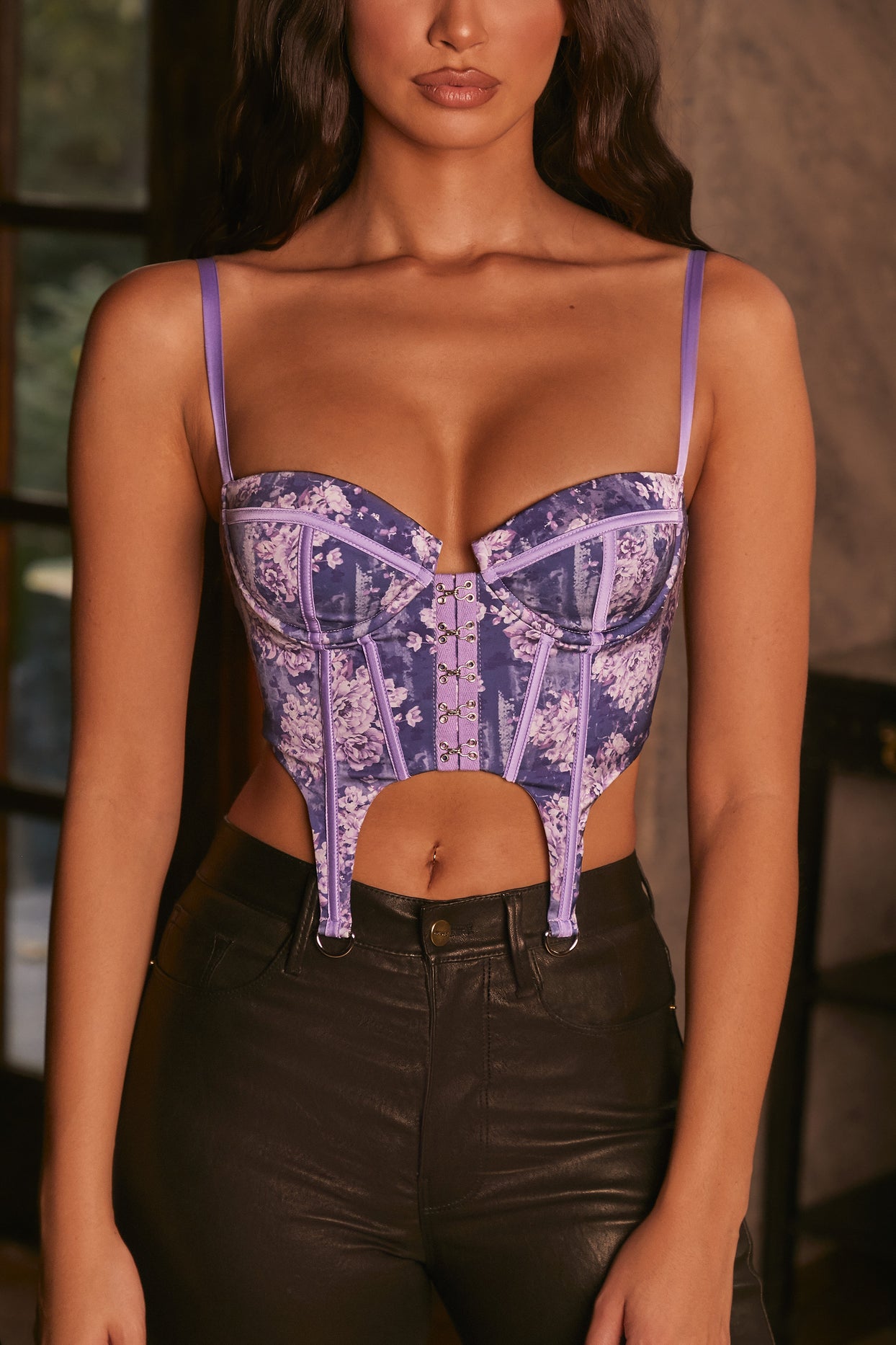 Hooked On a Feeling Floral Print Corset Crop Top in Purple