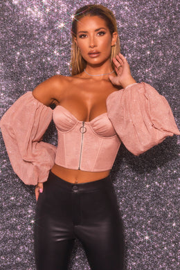 Keep On Shining - Top court à manches bouffantes style Bardot en or rose
