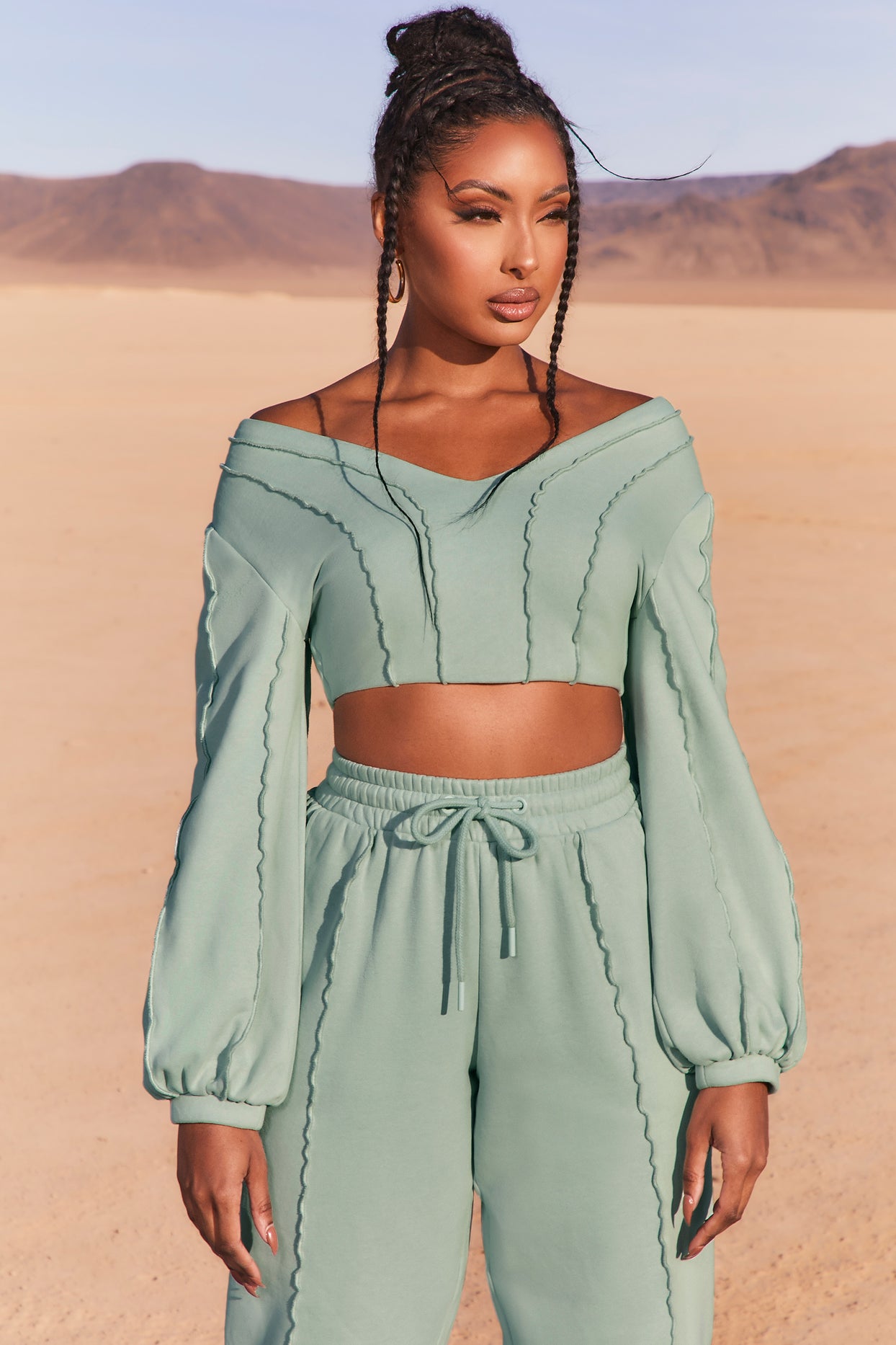 Uncovered Exposed Seam Bardot Crop Top in Blue - 1