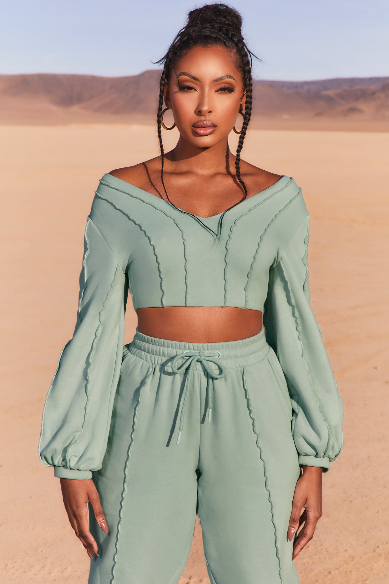 Uncovered Exposed Seam Bardot Crop Top in Blue - 4