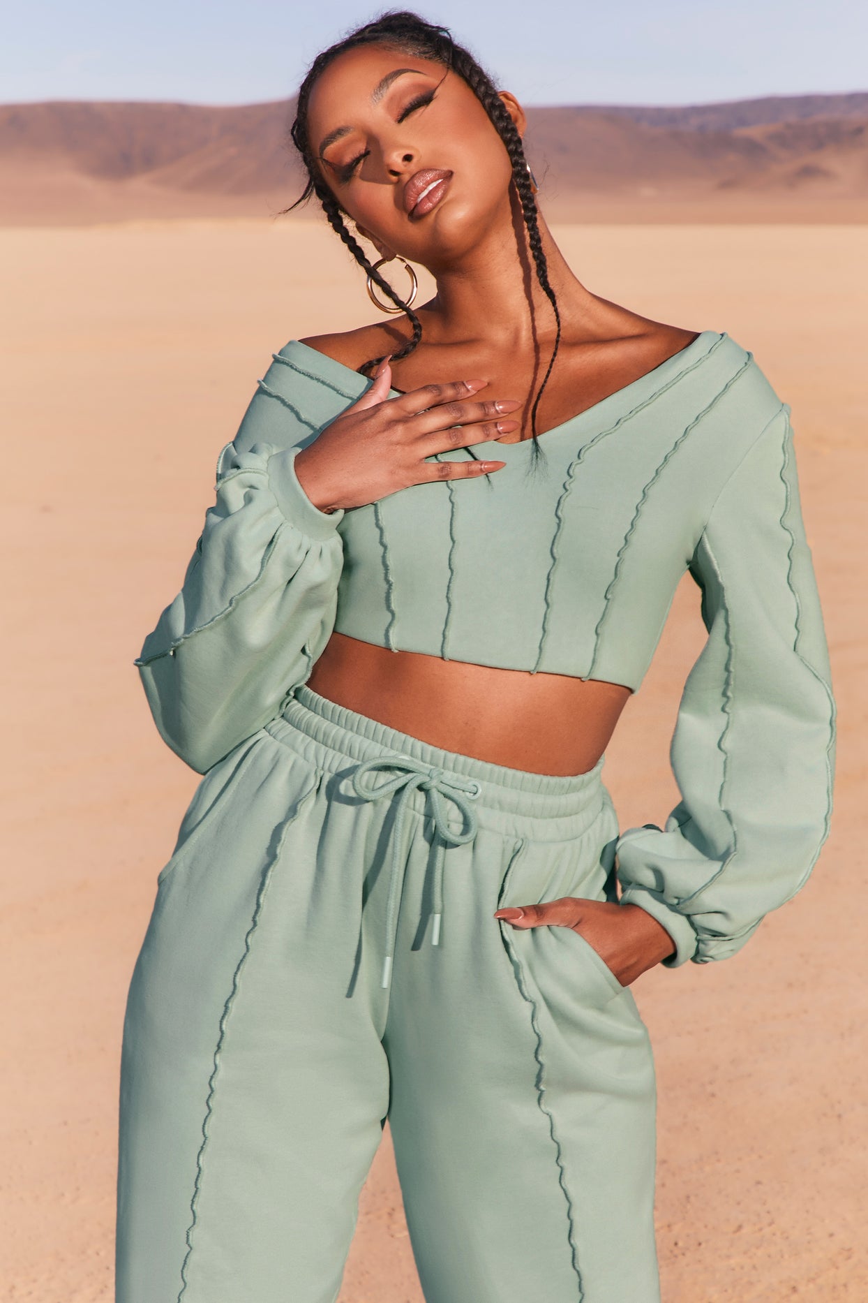 Uncovered Exposed Seam Bardot Crop Top in Blue - 5