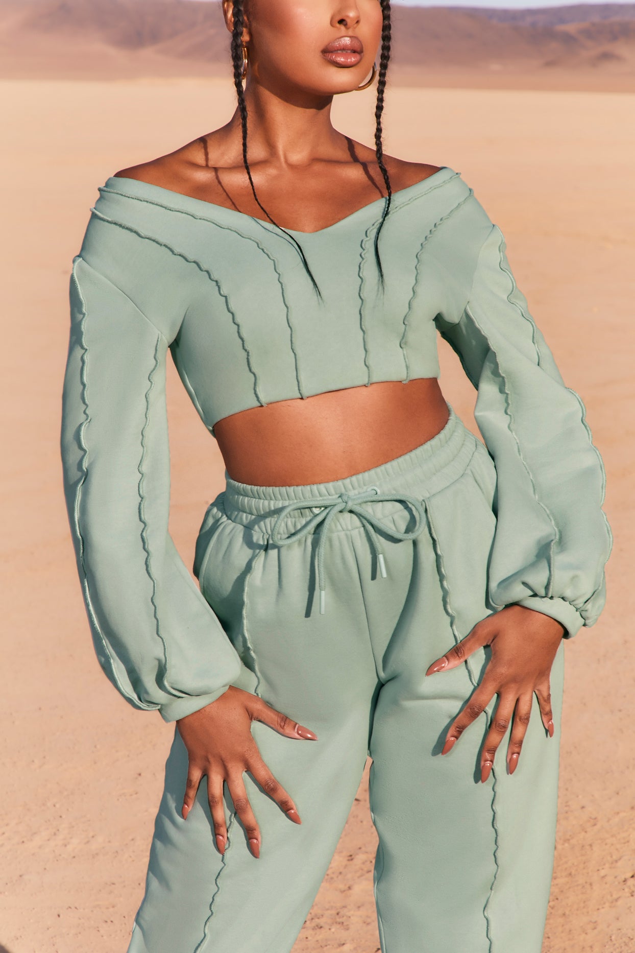 Uncovered Exposed Seam Bardot Crop Top in Blue - 7