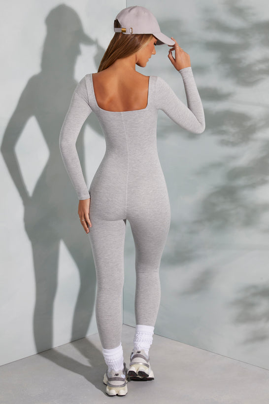 Petite Square Neck Long Sleeve Jumpsuit in Marled Grey