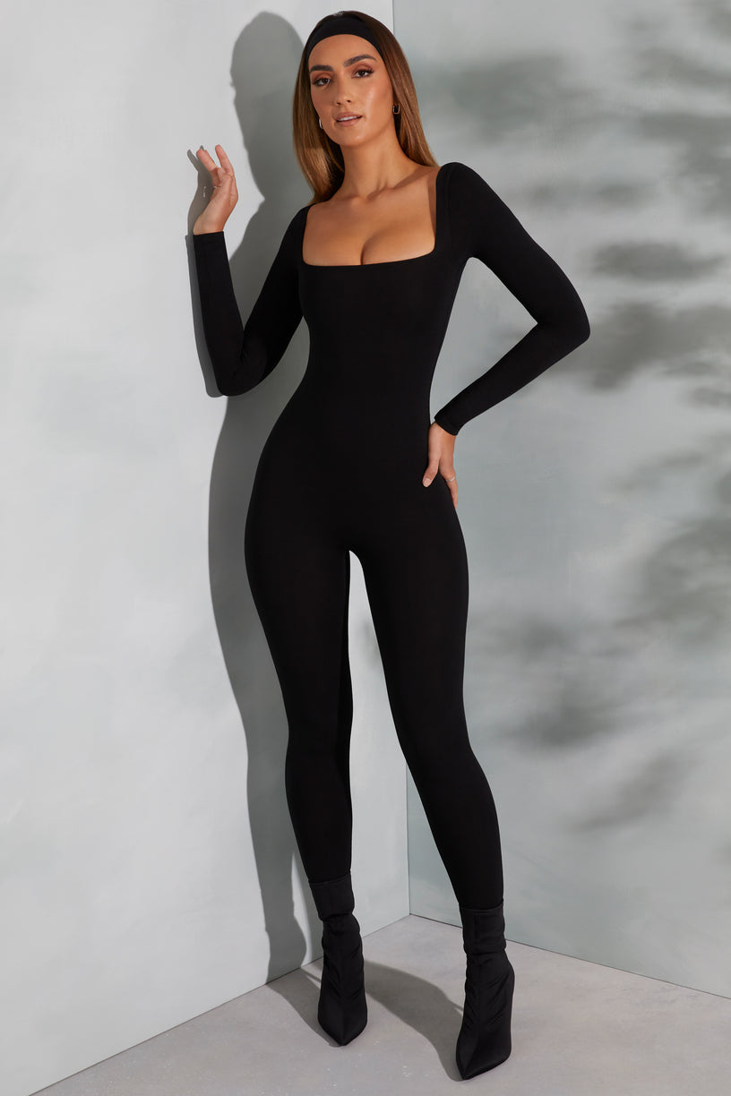 Square Neck Long Sleeve Jumpsuit in Black - 1