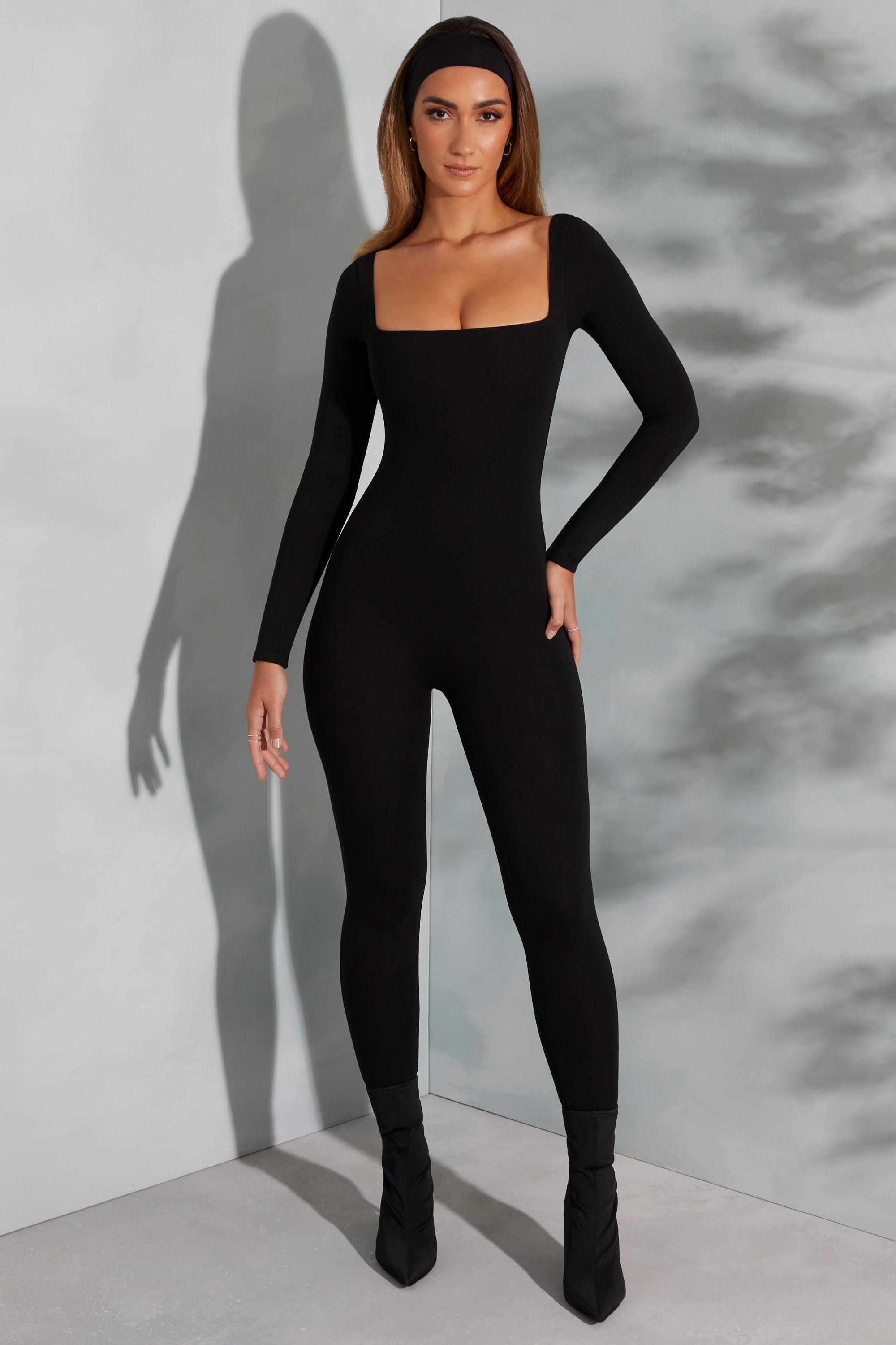 Square Neck Long Sleeve Jumpsuit in Black1