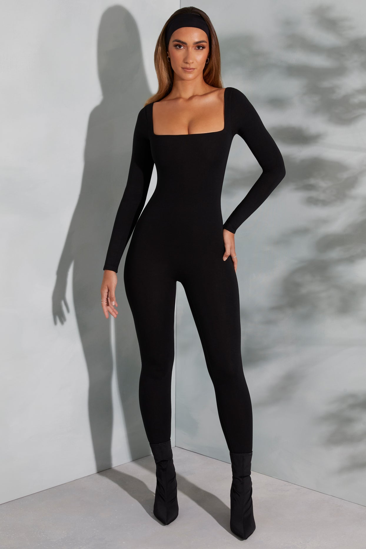 Shape Of You Petite Square Neck Long Sleeve Jumpsuit in Black