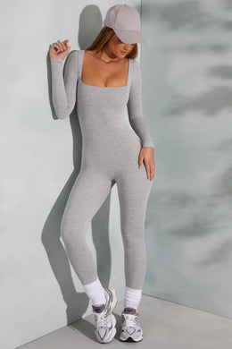 Square Neck Long Sleeve Jumpsuit in Marled Grey