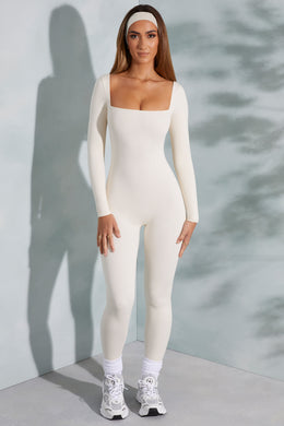 Square Neck Long Sleeve Jumpsuit in Ivory
