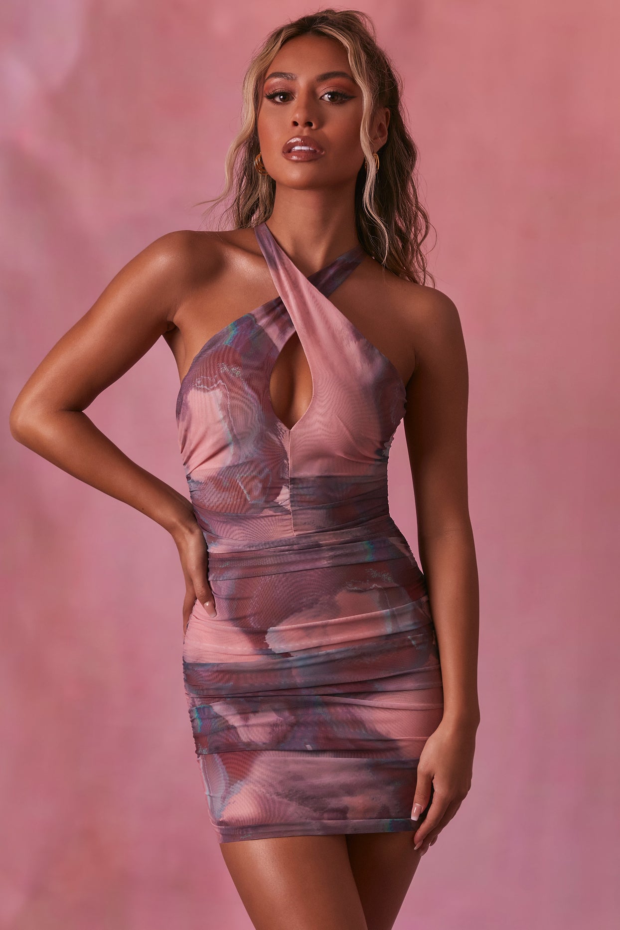 Crossover Ruched Mesh Mini Dress in Blush