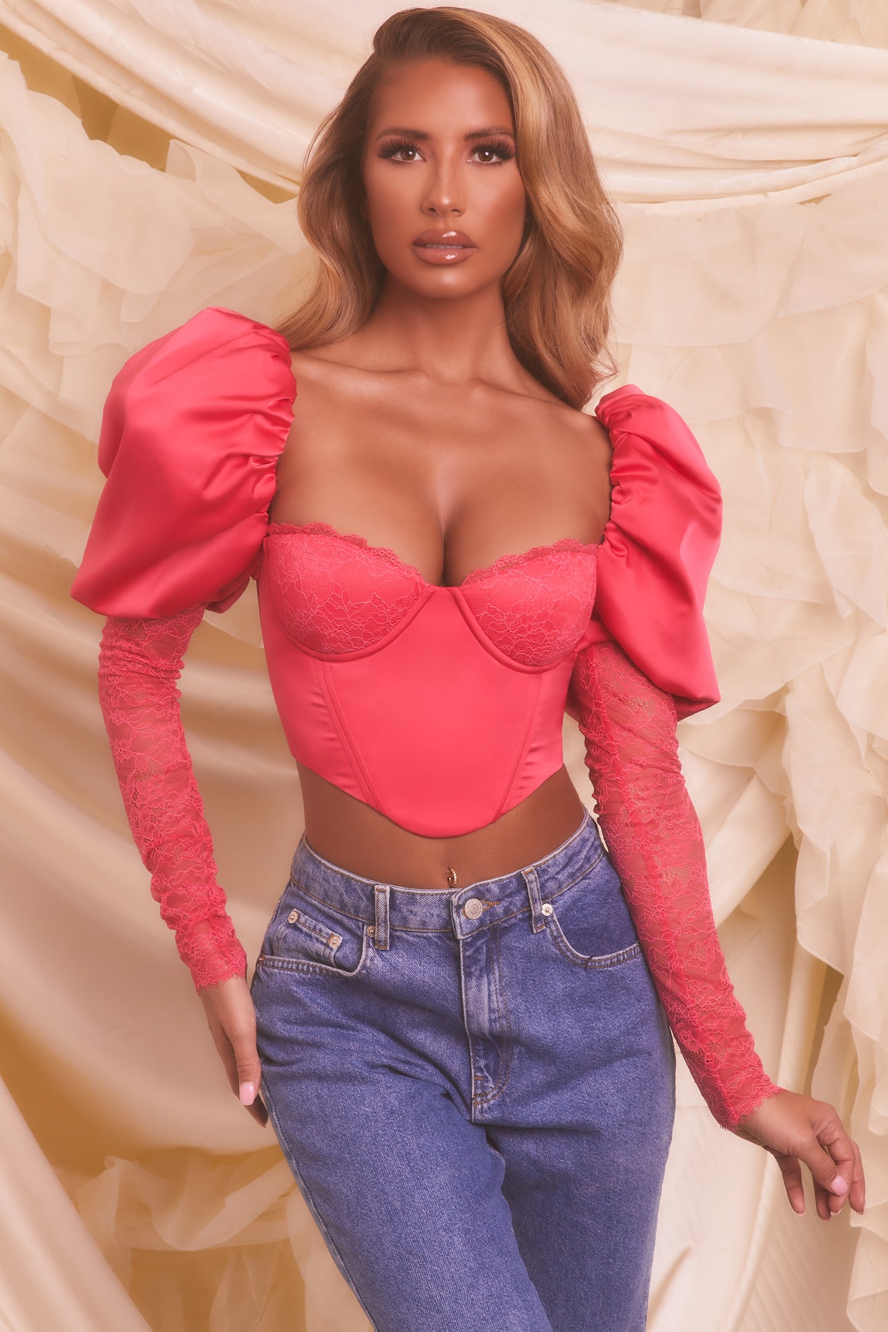Puff Sleeve Satin Lace Crop Top in Hot Pink