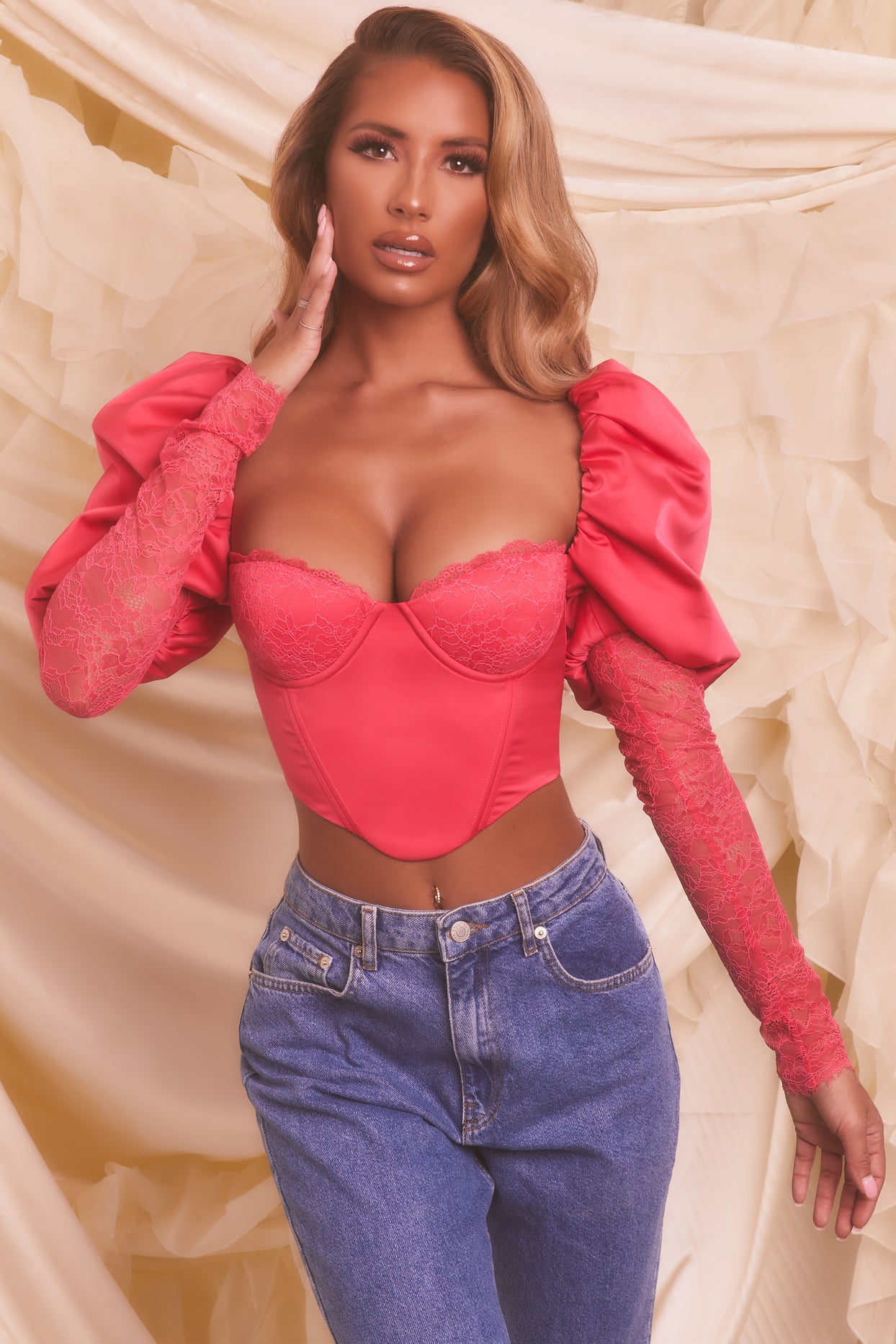 Puff Sleeve Satin Lace Crop Top in Hot Pink
