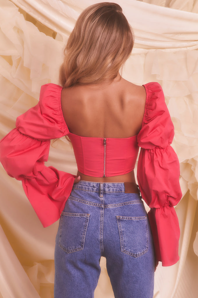Puff Sleeve Lace Up Crop Top in Hot Pink