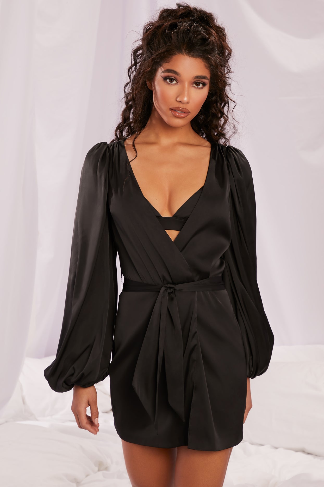Soft Nights Satin Balloon Sleeve Robe in Black | Oh Polly