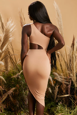 Asymetryczna sukienka midaxi na jedno ramię w kolorze mokki