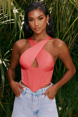 Hand On Heart Satin Keyhole Corset Crop Top in Pink