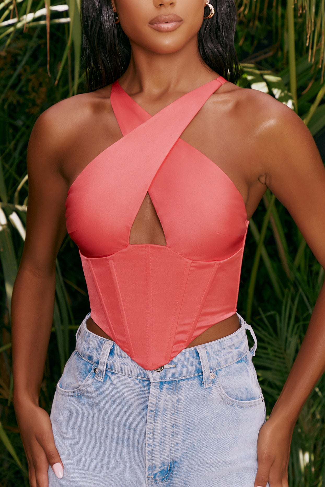 Hand On Heart Satin Keyhole Corset Crop Top in Pink