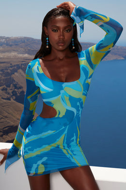 Mini-robe asymétrique à manches longues et imprimé bleu