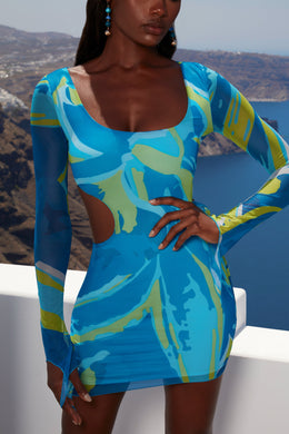 Mini-robe asymétrique à manches longues et imprimé bleu