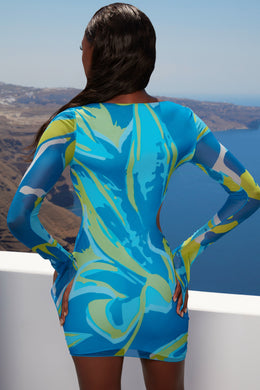 Asymmetric Long Sleeve Mini Dress in Blue Print