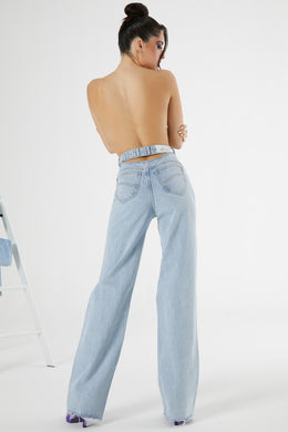 Cut Out Wide Leg Jeans in Light Blue Wash